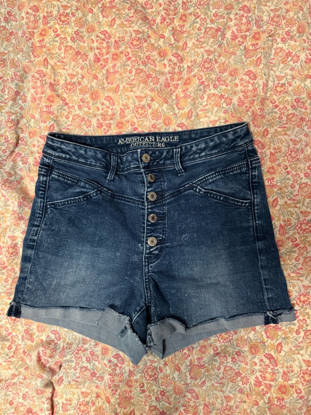 American Eagle Outfitters Dark Blue High-Rise Button-Fly Denim Shorts